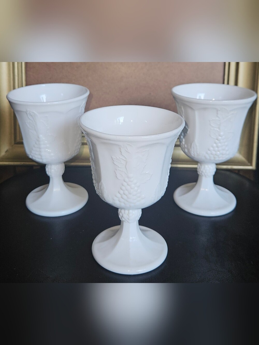 Vintage Indiana Glass Colony White Milk Glass Goblet Set of 3 Harvest Grape